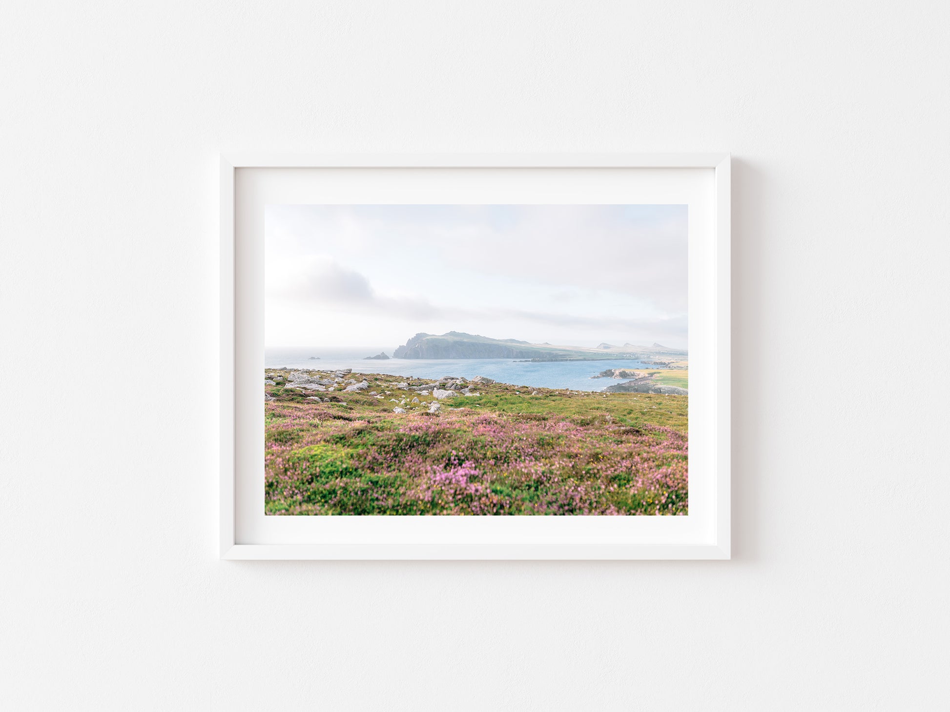 A framed landscape photograph of a coastal field with pink heather, distant cliffs at Ceann SIbeal, and a cloudy sky, displayed on a clean white wall.