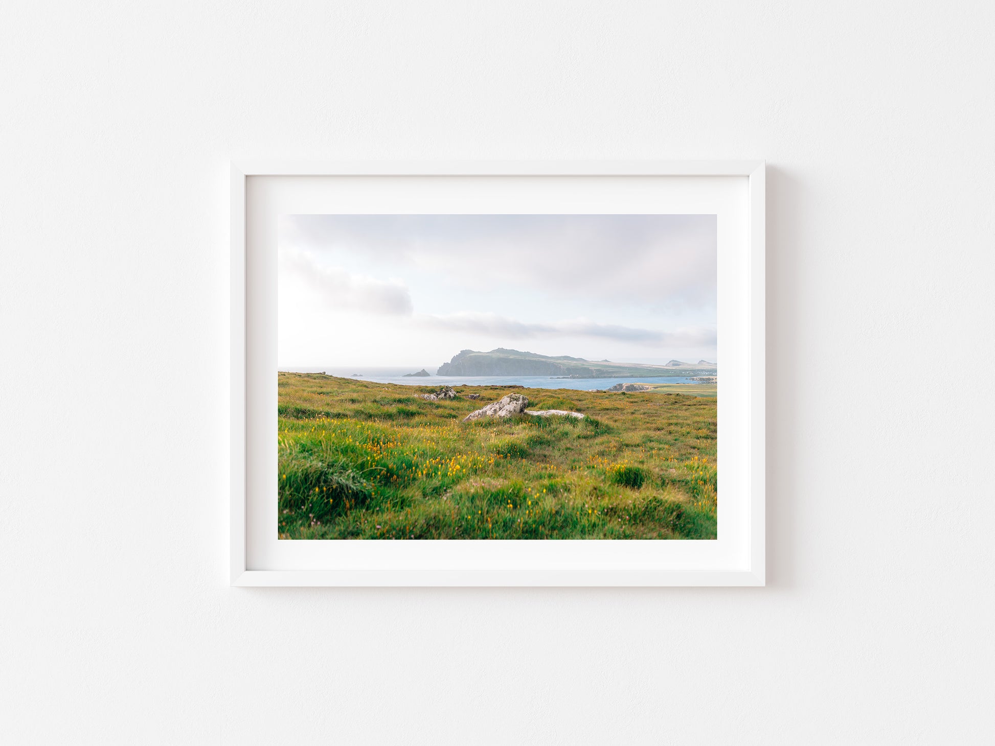 A framed landscape photograph of a grassy field with distant hills and water under a cloudy sky, presented in a white frame on a white wall.